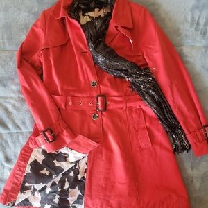 Black Rivet red belted trench coat